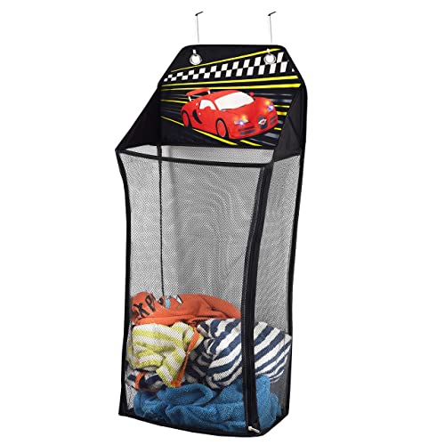 Store&Score Over The Door Hanging Kids Fun LED Race Car Light-Up Collapsible Mesh Laundry Hamper, Toy Chest, Metal Hooks Included