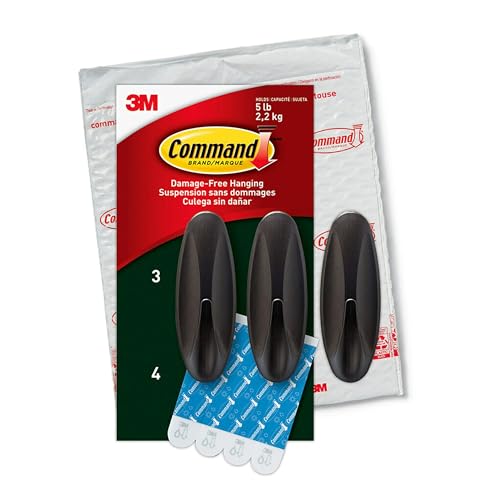 Command Outdoor Large Hooks for Home Decor and Room Decor, Bronze, Holds up to 5 lbs, 3 Wall Hooks, 4 Weather Resistant Command Strips, Decorate Damage-Free