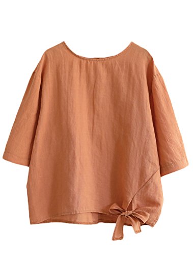 Minibee Women's Cotton Linen Blouse Loose Tunics Tops Shirt L Orange