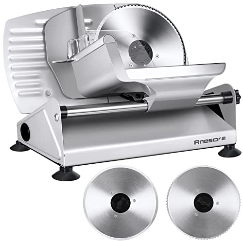 Meat Slicer, Anescra 200W Electric Deli Food Slicer with Two Removable 7.5’’ Stainless Steel Blades and Food Carriage, 0-15mm Adjustable Thickness Meat Slicer for Home, Food Slicer Machine