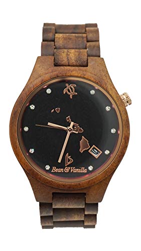 Wooden Wrist Watch for Men - Hawaiian KOA Wood/Swarovski Crystals/Crystal Sapphire Dial Window/Analog Japan Movement/Wood Watch Band - Includes Logo Stamped Box