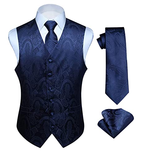 HISDERN Men's Vests Navy Blue Paisley Floral Dress Suit Vest Tie Set Jacquard Necktie Pocket Square Formal Waistcoat for Wedding Prom Tuxedo 3PCS