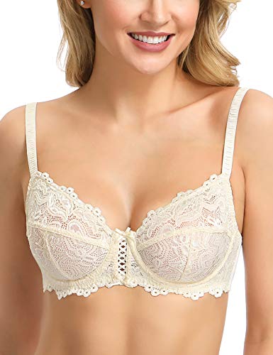 Wingslove Women's Sexy Lace Bra Non Padded Underwire Unlined Bra Full Coverage Plus Size Lace Bralette (Nude, 32G)