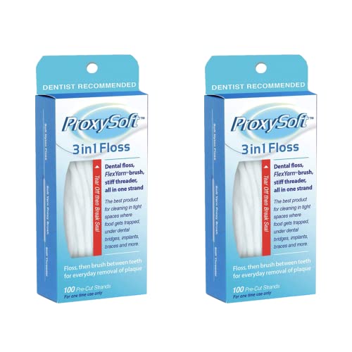 ProxySoft 3-in-1 Dental Floss for Optimal Teeth Flossing​- 2 packs Pre-Cut Ortho Floss Threaders for Braces, Tight Spaces, Bridges, Implants with Built-in Soft Proxy Brush and Stiff Threader Flosser
