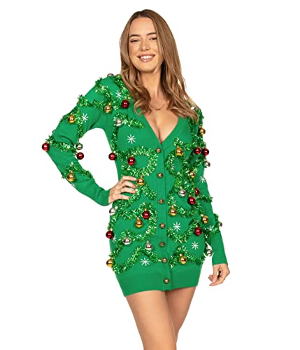 Tipsy Elves' Women's Gaudy Garland Cardigan Sweater Dress - Classic Green Holiday Outfit Size Small