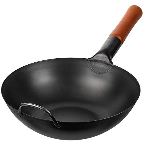 YOSUKATA Carbon Steel 11.8' Stir Fry Wok Pan - Pre-Seasoned Chinese Wok with Flat Bottom, Black Wok for Induction Gas Stovetops - Open Fire, BBQ, Grill, Outdoor Camping Wok