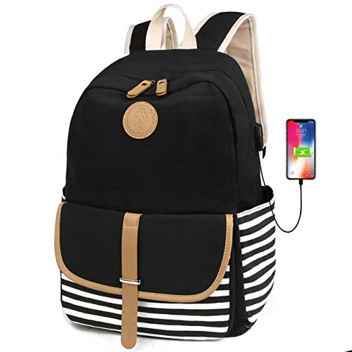 FLYMEI Cute Backpack for Teen Girls, Lightweight School Bookbag 15.6'' Laptop Backpack Casual Travel Back Pack Durable Bookbag for Boys/Girls, Black Backpack with Usb Port