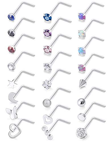 Yaalozei 18G Nose Rings Studs for Women Silver Nose Piercing Studs Surgical Stainless Steel L Shaped Opal hypoallergenic Cute Small Nose Nostril ring Stud Body Piercing Jewelry for Men Girl CZ 2MM