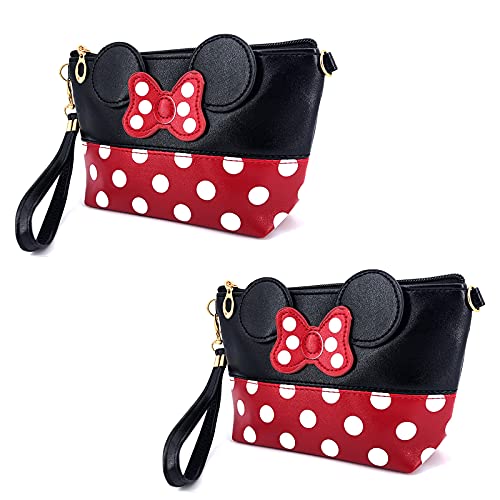 AHOLICSHOP 2 Pcs Cartoon Leather Travel Makeup Handbag, Cute Portable Cosmetic bag Toiletry Pouch for Women Teen Girls Kids (Black & Black)
