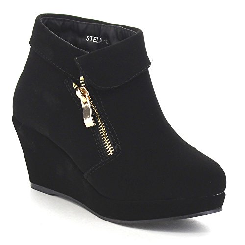 Beston Lucky Top Stella-6K Children Girl's Platform Wedge Heel Fold Over Ankle Booties Black 4