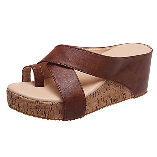 JEUROT Wedge Sandals for Women Clip Toe Leather Thong Sandals Comfortable Walking Flip Flop Shoes Slip On High Heel Platforms (Brown, 7.5)