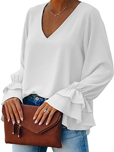 LYANER Women's Casual V Neck Tiered Ruffle Bell Long Sleeve Blouse Shirt Tunic Top White X-Large