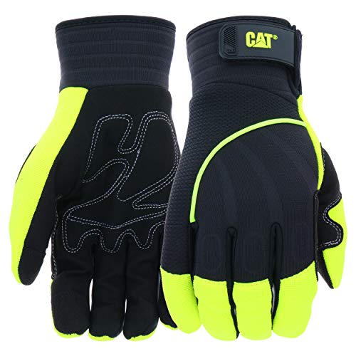 Cat CAT012224 Hi-Vis Work Gloves – Green, Large, Synthetic Palm Gloves w/Touchscreen Fingertips, Adjustable Strap, Padded Palm