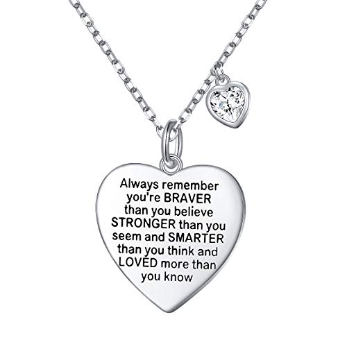 FLYOW Sterling Silver Always Remember You are Braver Than You Believe Jewelry Heart Pendant Necklace Inspiration Gifts Teenage Daughter