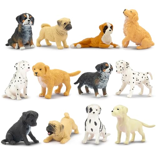 Toymany 12PCS Mini Dog Figurines Playset, Realistic Detailed Plastic Puppy Figures, Hand Painted Emulational Tiny Dogs Animals Toy Set, Cake Toppers Christmas Birthday Gift for Kids Toddlers