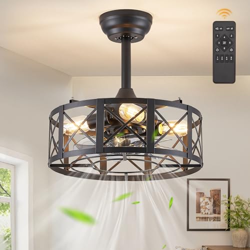 Fanbulous 16in Caged Ceiling Fans with Lights and Remote, Bladeless Fandelier Ceiling Fan with 6 Speeds and Timing, Farmhouse Samll Fan Lights Ceiling Fixtures for Kitchen, Bedroom, Outdoor-Black X