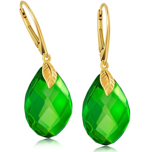 Amber by Mazukna - Lightweight Edgy Semi-Precious Stone Jewelry for Ladies, 1.69x0.59inch 0.19oz, Gold Plated Silver Leaf Fitting and Closure, Caribbean Green Amber Dangle Women's Earrings