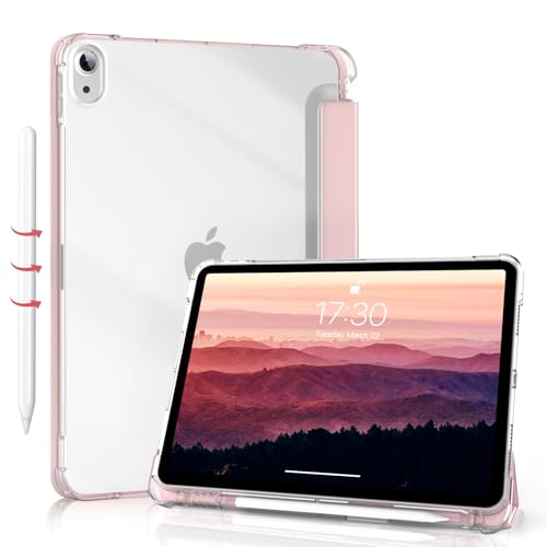 Kenke iPad Air 5th Generation Case (2022) / iPad Air 4th Generation Case (2020) 10.9 Inch Case with Pencil Holder Support Touch ID & 2nd Apple Pencil with Soft TPU Frosted Back Shell (Light Pink)