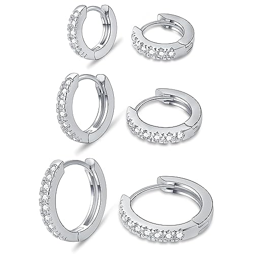 micuco 3 Pairs Small Hoop Earrings Tiny Cartilage Earrings Cubic Zirconia Earrings White Gold Plated Huggie Hoop Ear Piercing Earrings for Women Silver Plated 8mm 10mm 12mm