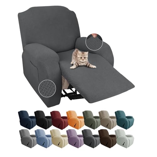 JIVINER Newest Design 4-Piece Recliner Chair Covers Stretch Jacquard Chair Covers for Recliner Chair Recliner Slipcovers for Living Room Soft Recliner Protector with Pocket (Recliner, Dark Gray)
