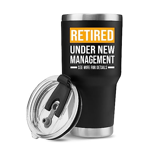 Panvola Retired Under New Management See Wife for Details Funny Retirement Gifts to Husband Retired Dad Retiree Mug Vacuum Insulated Tumbler 30 oz Black