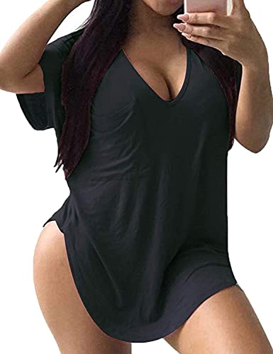 ALLEGRACE Womens Casual Scoop Collar Plus Size T Shirts Summer Tops Tee Black XXL