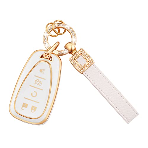 EKALA for Chevy Key Fob Cover with Leather Key Fob Keychain, 5 Buttons Soft TPU White Key Fob Cover Compatible with Chevrolet Malibu Cruze Camaro Sonic Volt Bolt Equinox Key Fob Protector(P-CHV-5)