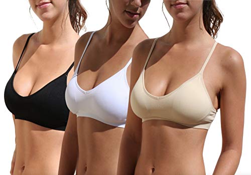 Blue 55 Women's Sexy Everyday Basic Deep V-Neck Padded Bralette (M/L, 3 Pack: Black White Beige)