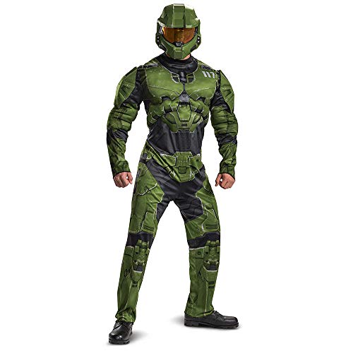Disguise Men's Master Chief, Official Adult Halo Infinite Costume Muscle Jumpsuit and Helmet, Green & Black, XL (42-46)