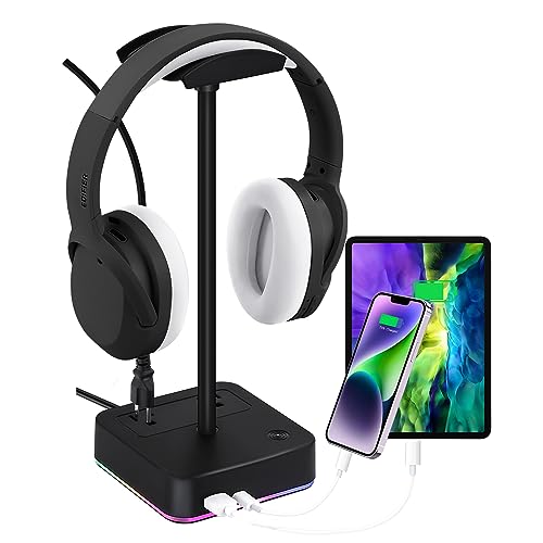 ELCBEAM RGB Headphone Stand with USB Charging Port & AC Outlet Desk Gaming Headset Holder with 9 Light Modes Suitable for Gamer Desktop Table Game Earphone Accessories Boyfriend Gifts
