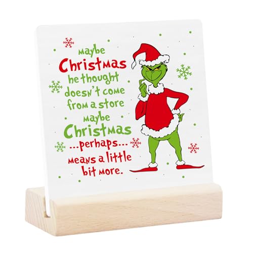 Funny Grinch Christmas Decorations, Novelty Grinch Sign for Holiday Home Decor, Ceramic Grinch Prints with Wood Stand for Table Decor, Xmas Tiered Tray Decor, Grinch Party Decor Supplies