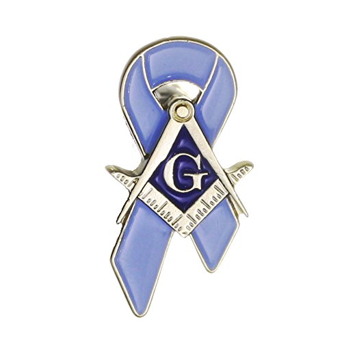 Masonic Prostate Cancer Awareness Blue Cancer Ribbon Lapel Pin Gift for Men with Bright Gold Plated Square & Compasses, with Blue soft enamel background. 1 1/4 Inch OES Eastern Star Apparel for Men.