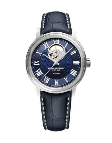 Raymond Weil Maestro Blues Men Visible Balance Wheel Automatic Watch, Blue Dial, Roman Numerals, Blue Leather Strap, 39.5 mm (Model: 2227-STC-00508)