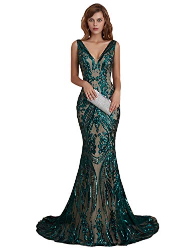Ikerenwedding Women's V-Neck Sequins Sleeveless Lace-up Mermaid Evening Dress Green US4