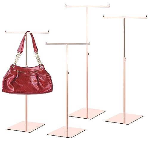 Leinuosen 4 Pcs Tabletop Purse Display Stand Metal T Bar Display Holder Adjustable Height Double Hook Hanging Jewelry Stands for Long Necklaces (Rose Gold)