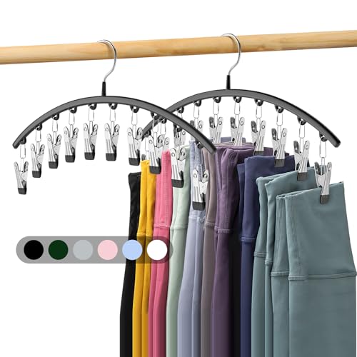 Volnamal Legging Organizer for Closet, Metal Yoga Pants Hangers 2 Pack w/10 Clips Holds 20 Leggings, Space Saving Hanging Closet Organizer w/Rubber Coated Closet Organizers and Storage, Black