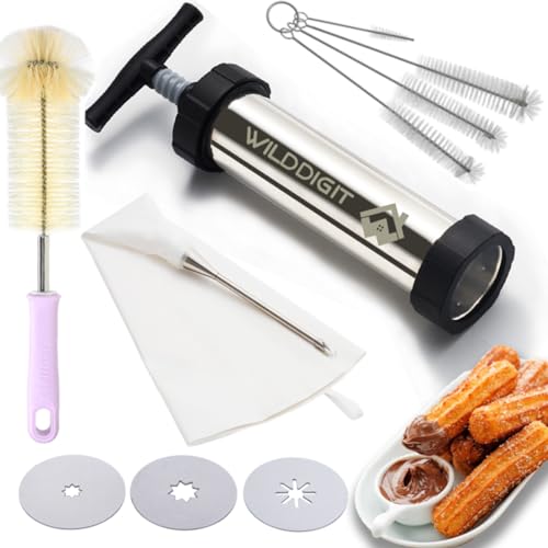 Churro Maker Kits, Stainless Steel Churro Maker, Piping Bag, Churro Filler, 2 Brushes and 3 Nozzles… (Stainless Steel)