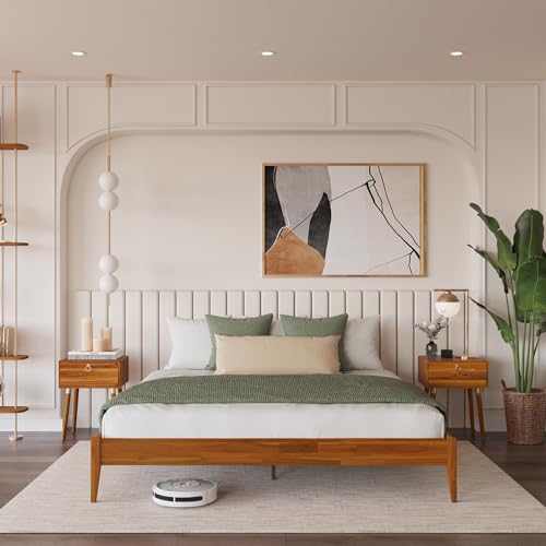 Bme Dinkee King Bed Frame Wood 15 Inch - Solid Wood Platform Bed Frame - Japanese Joinery Bed - Modern & Minimalist Style - Wood Slat Support - Easy Assembly - No Box Spring Needed - Caramel