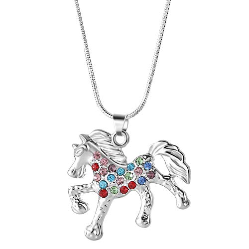 Nimteve Girls Necklaces Silver Tone Multicolored Crystals Horse Pendant Pony Mustang Charm Necklace for Little Girls 18 Inches