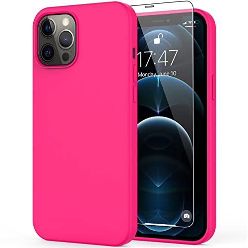 DEENAKIN Compatible with iPhone 12 Pro Max Case with Screen Protector,Soft Silicone Gel Rubber Bumper Cover,Slim Fit Shockproof Protective Phone Case for iPhone 12 Pro Max 6.7' Hot Pink
