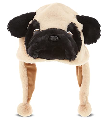 DolliBu Pug Dog Plush Hat - Super Soft Warm Puppy Ear Hat with Ear Flaps, Funny Plush Party Crazy Hat, Stuffed Animal Halloween Costume Funny Hat, Cozy Fleece Winter Hat for Kids & Teens - One Size