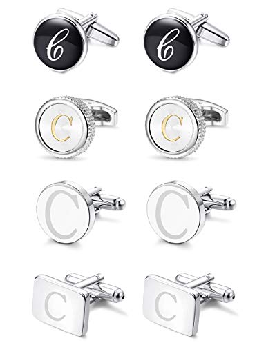 LOYALLOOK 4Pairs Initial C Men's Initial Letter Shirts Cufflinks Engraved Shirt Cufflink Alphabet Set Fashion Dazzle Tuxedo Cufflinks Business Wedding Father's DayGift