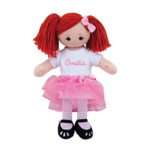Personalized Planet Rag Doll with Custom Name Embroidered | Red Head Girl Dressed in White Shirt, Stripped Stockings with Pink Tutu Skirt | Red Hair with Removable Bow Clip