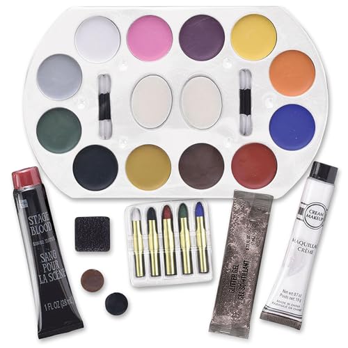 All In One Makeup Kit - 1 Count - Includes Makeup Tray, Cream Makeup Tube, Stage Blood, Makeup Sticks, Glitter Gel, Scar Wax, Tooth Wax, & Stipple Sponge Applicators - Perfect Halloween Party Props