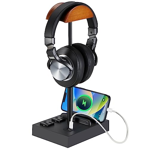 CASTLELIFE Headphone Stand Desktop Gaming Headset Holder with 2 AC Outlets and USB C&A Ports, Charging Station&Phone Stands, Wood Earphone Table Game Accessories for Desktop Gamer, Black