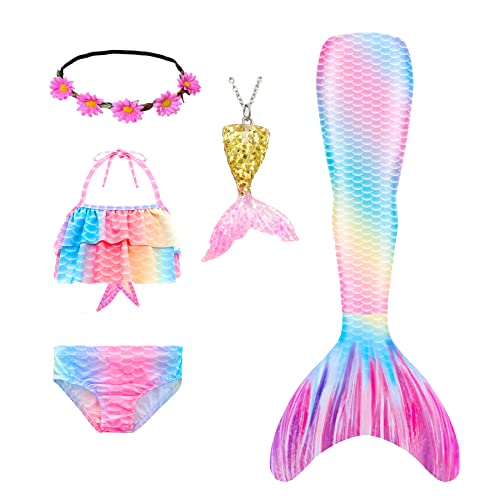 Mermaid Tails Swimsuit for Girls Swimming Kids Bikini Costume 5Pcs Sets with Flower Headband (No Monofin) (CGB15-A56, 5-6 Years)