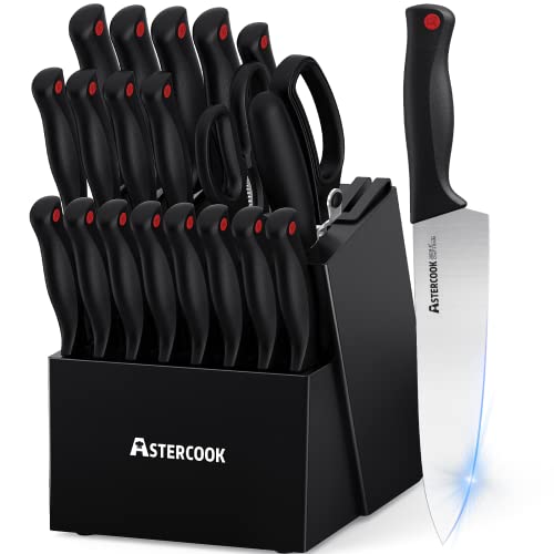 Knife Set, Astercook 21 Pieces Knife Sets for Kitchen with Block, Dishwasher Safe Santoku Knives with Built-in Sharpener, Black