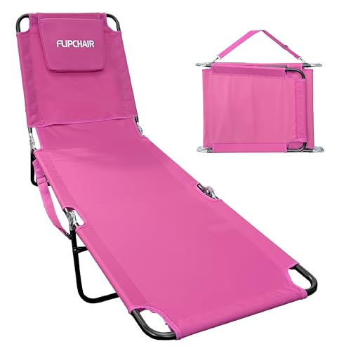 Lawn Chair Chaise Lounge 2 Legs Support Polyester Material Reclining Backrest Head Rest Pillow Great For Beach, Home, Backyard, Outdoor, Patio, Pool, Camping, Lawn or Deck Color PINK