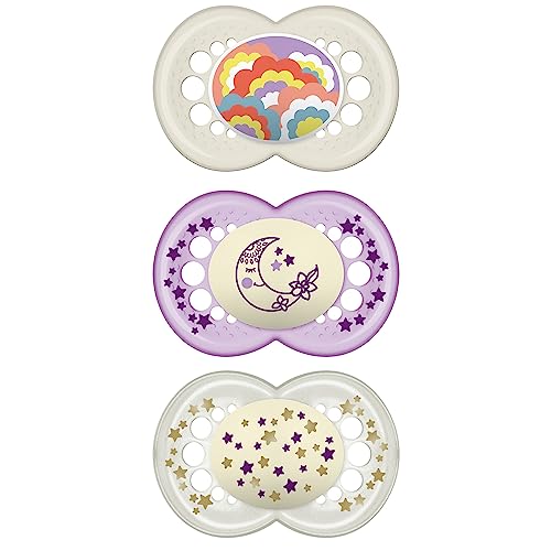 MAM Original Day & Night Baby Pacifier, Nipple Shape Helps Promote Healthy Oral Development, Glows in The Dark, 3 Pack, 16+ Months, Girl,3 Count (Pack of 1)