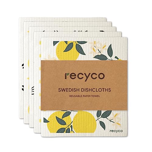 RECYCO Swedish Dishcloths for Kitchen 5 Packs Wholesale Washable Dish Rags Cellulose Reusable Cleaning Paper Towels Absorbent Counter Dish Cloth Sponge Kitchen Wipes, 7' L x 8' W, Fruit